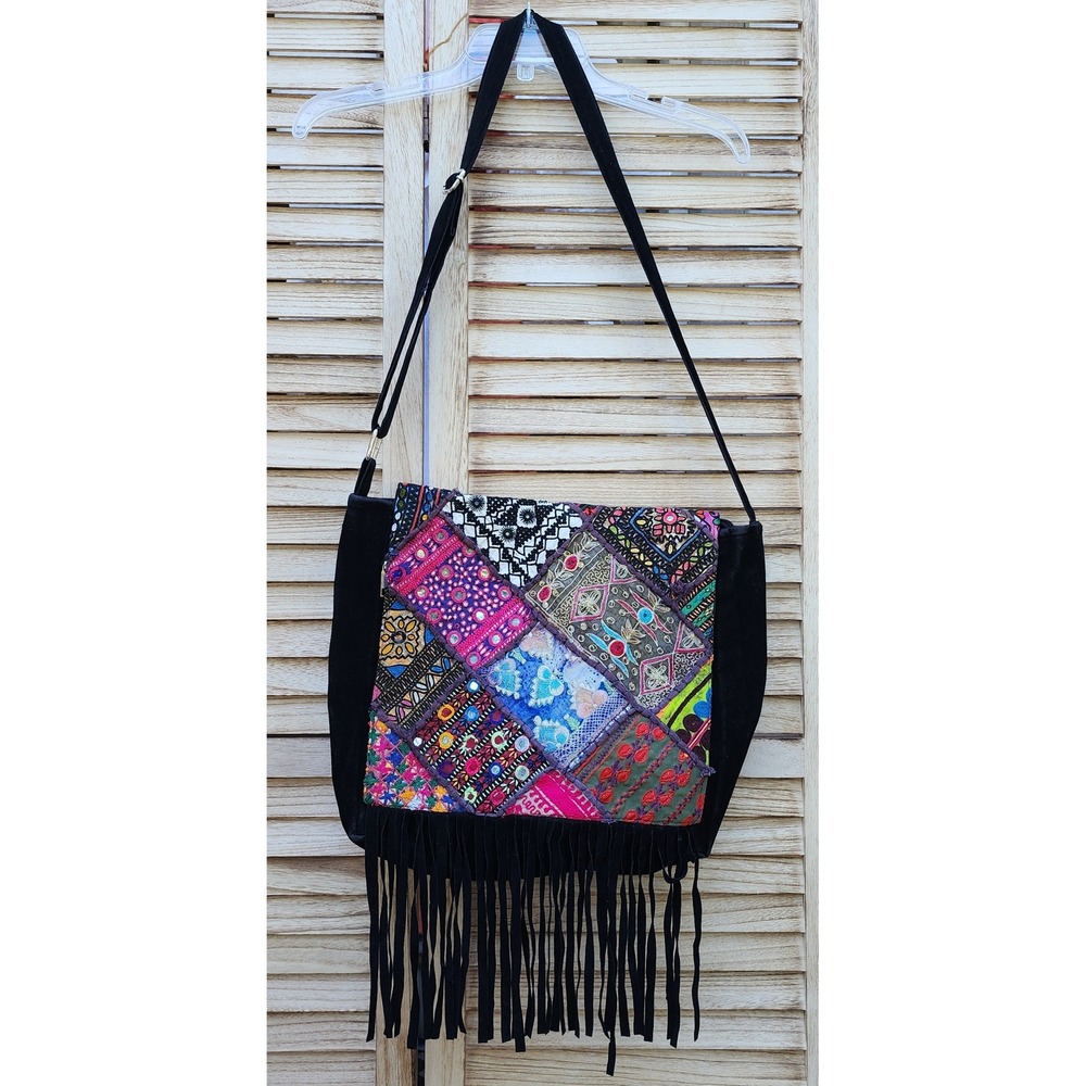 H.K.H Black Multi 100% Cotton Patchwork Fringe Crossbody Bag Boho Gypsy Fall